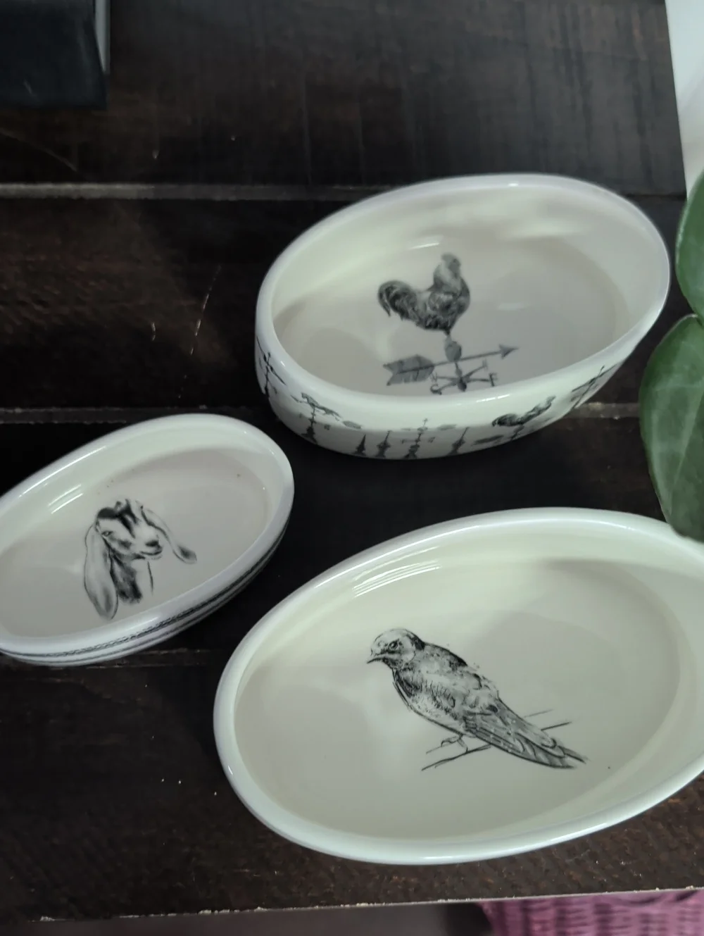 Creative Co-Op White Ceramic Nesting Oval Dishes with Black Animal Sketches